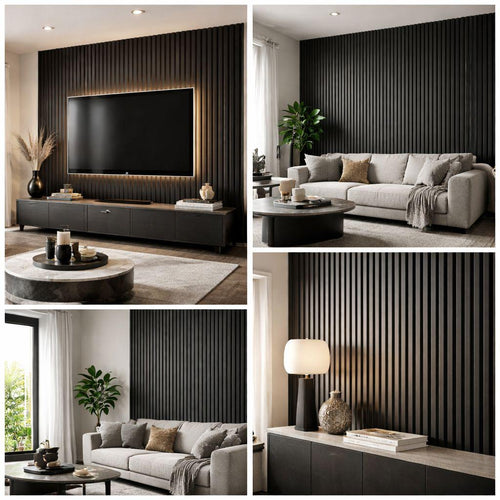 black oak acoustic slat wall panel installed in a UK home cinema