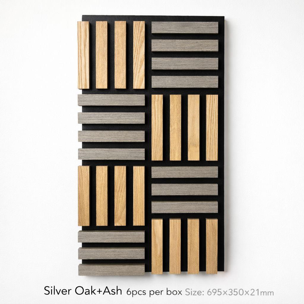 close-up of silver oak and ash 3D acoustic panel showing geometric block design
