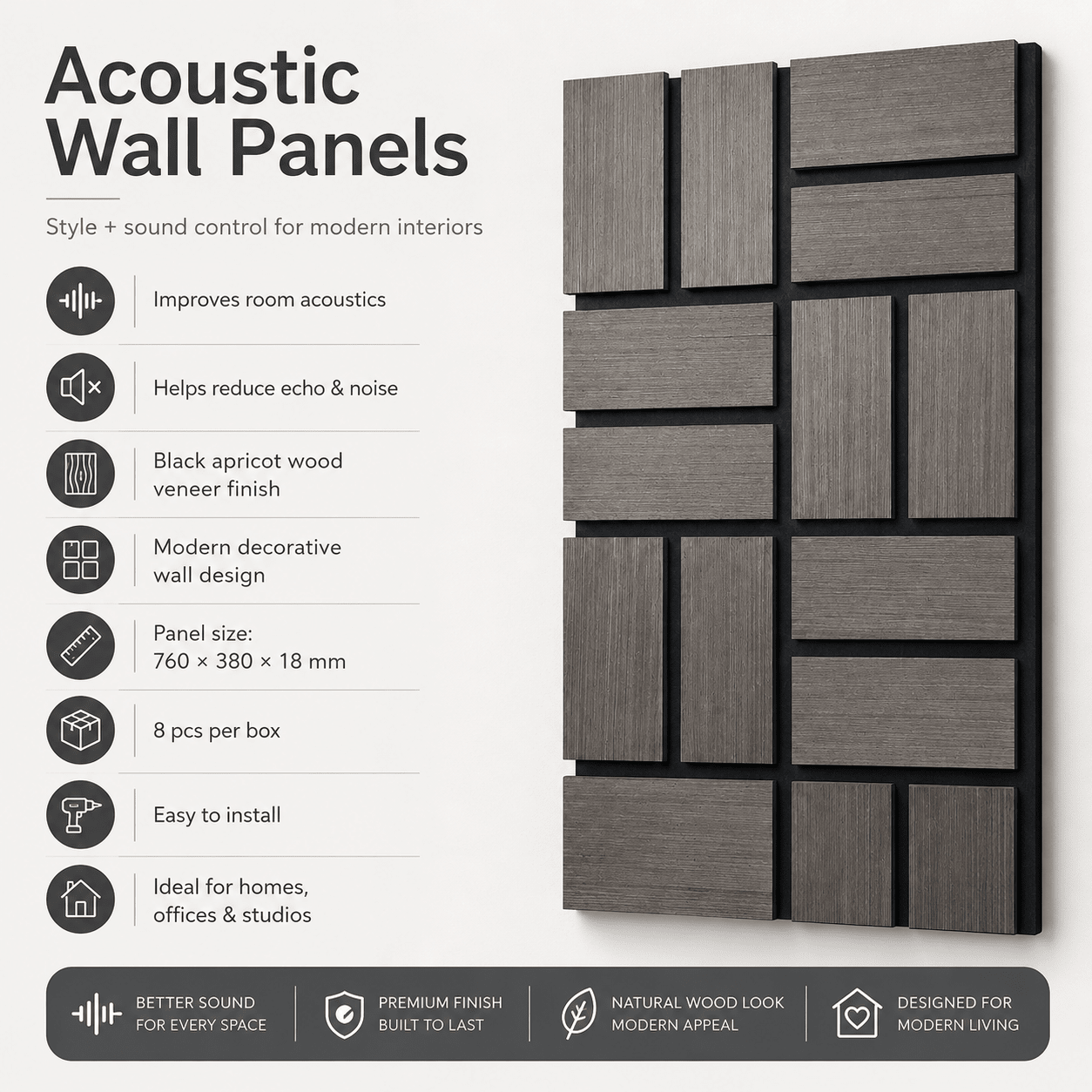 Decorative Acoustic Wall Panels | Wood Veneer & Mirror | Pack of 6 or 8 - Acoustic Wall Panels UK