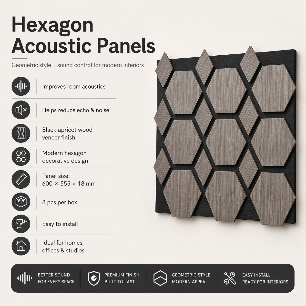 black apricot acoustic panel dimensions, 600mm by 555mm