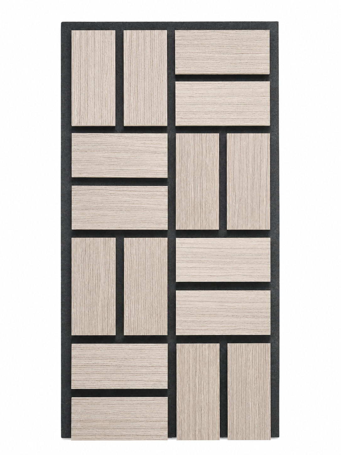 close-up of light walnut acoustic panel showing staggered brick-block veneer tiles