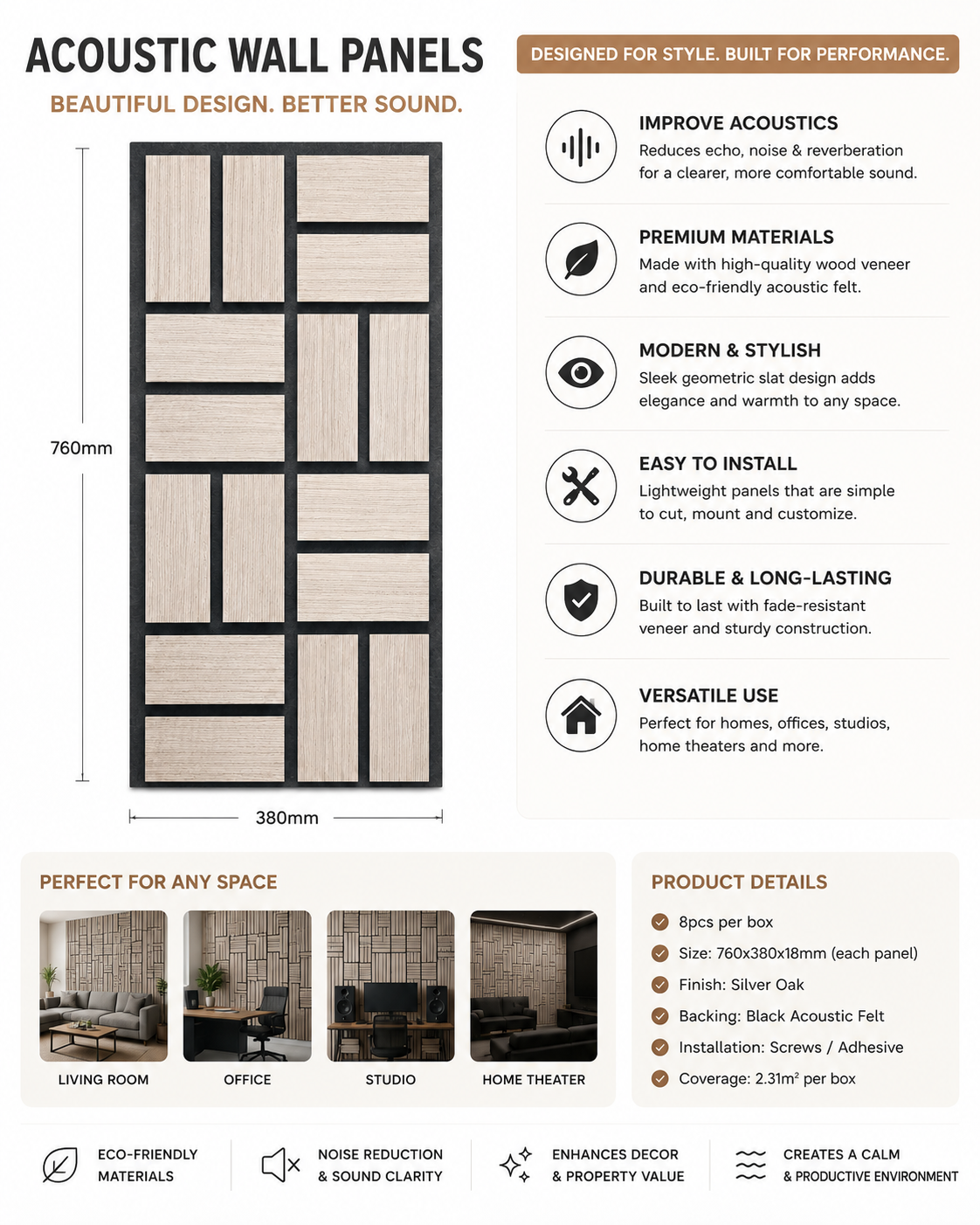 light walnut acoustic panel dimensions, 760mm by 380mm