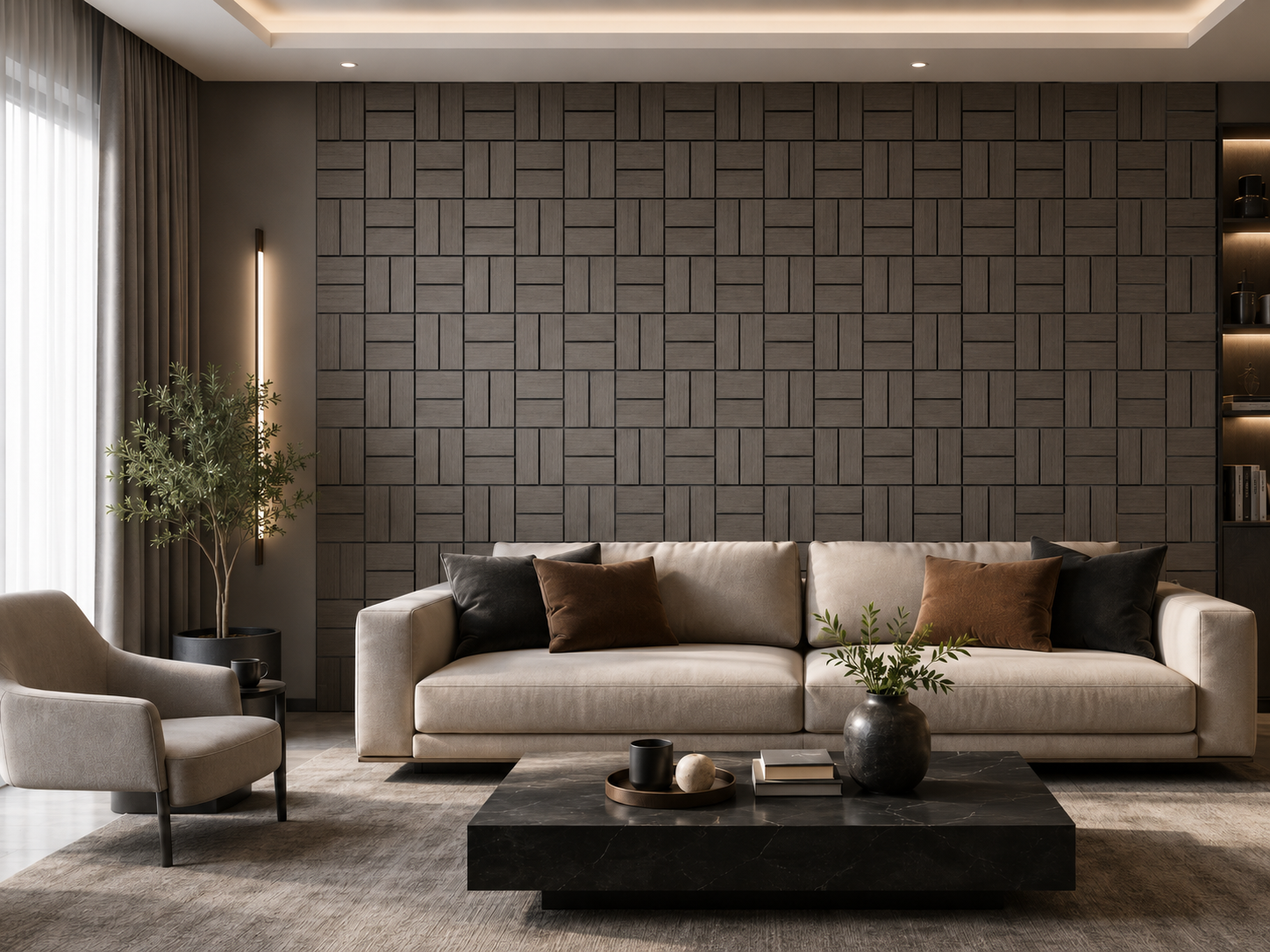 black apricot 3D brick-block acoustic wall panel installed in a UK media wall