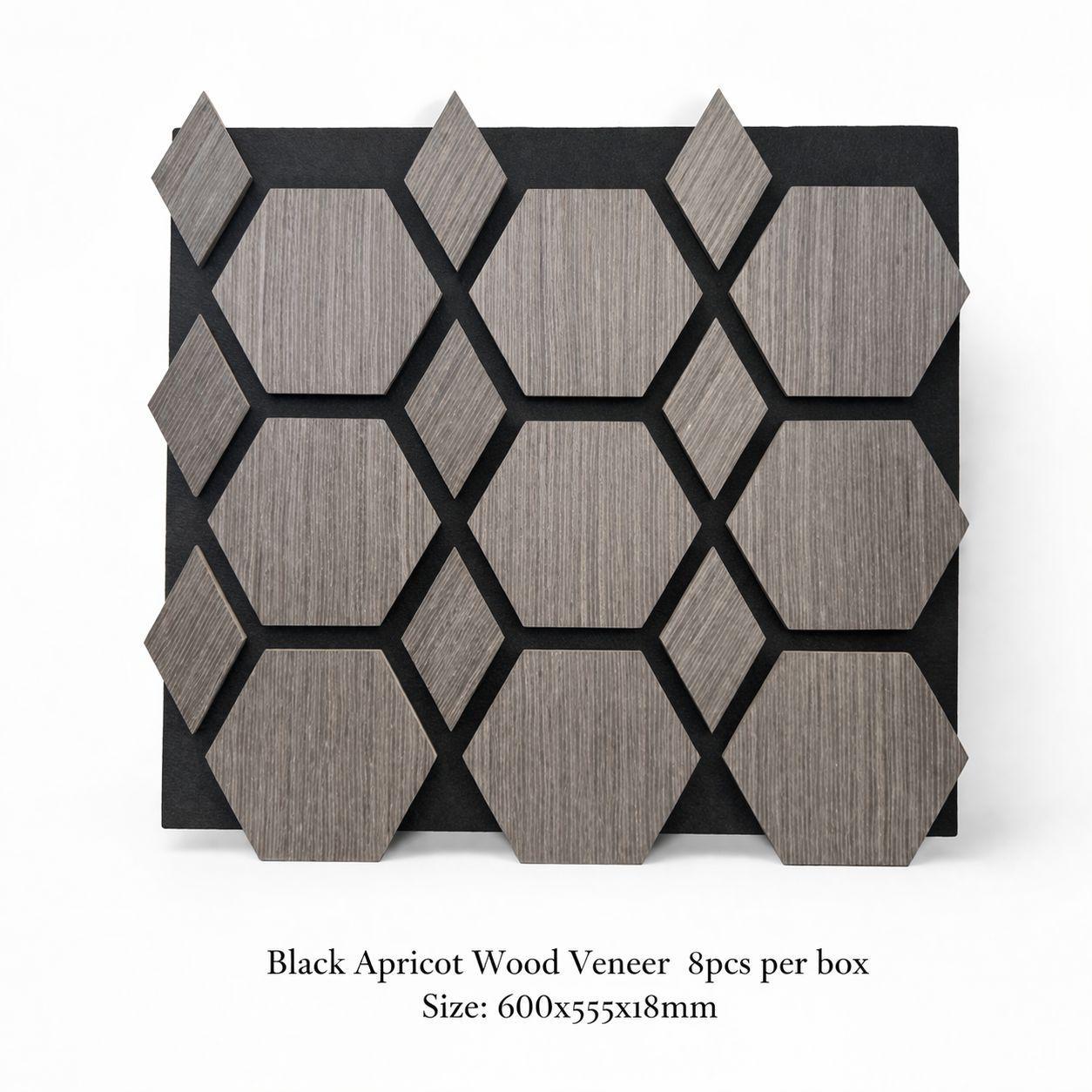 close-up of black apricot acoustic panel showing hexagon wood veneer tiles