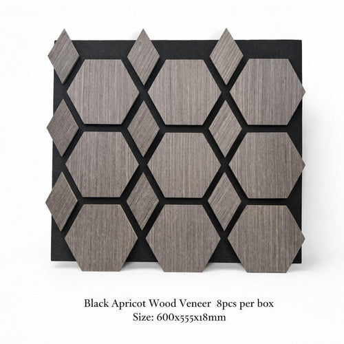 close-up of black apricot acoustic panel showing hexagon wood veneer tiles