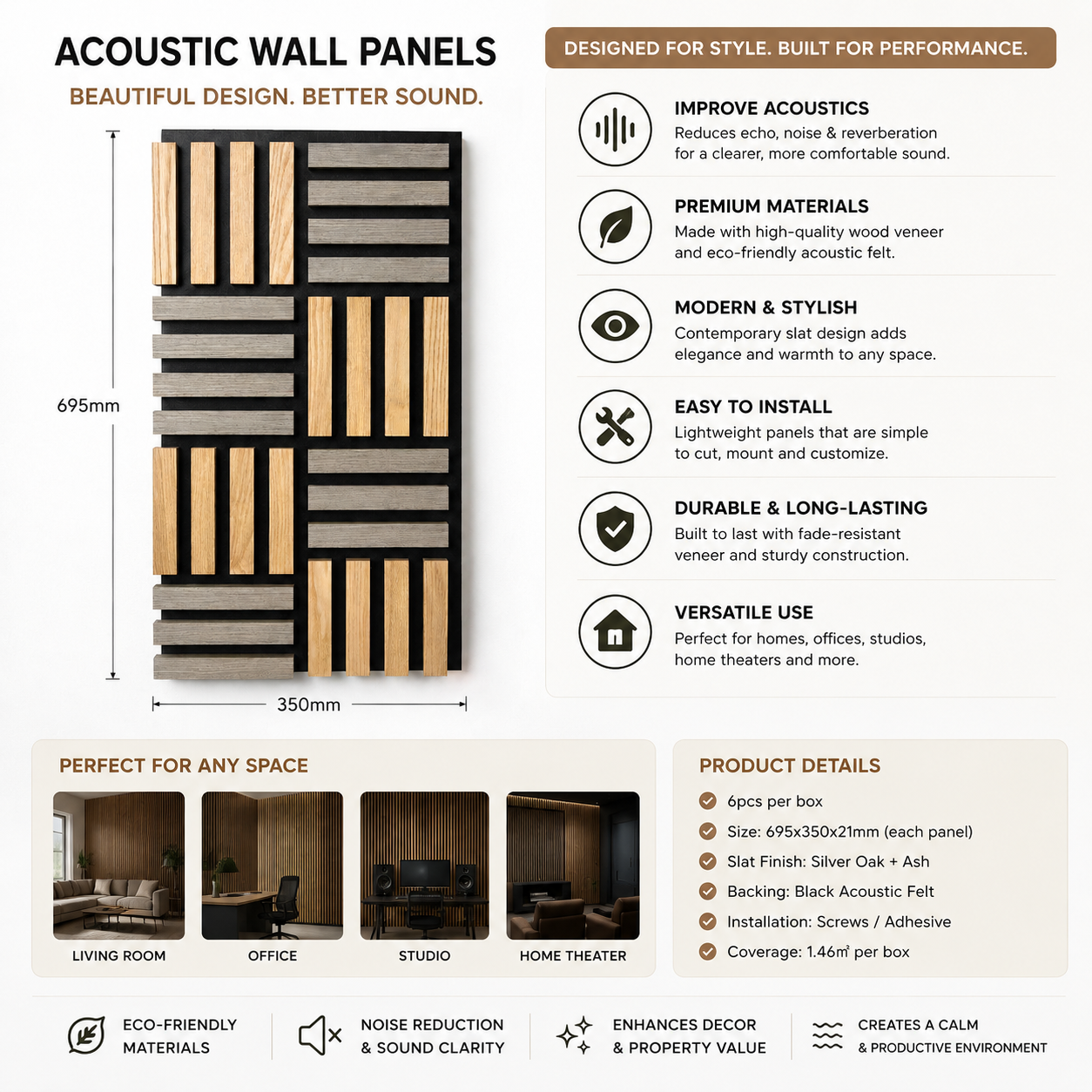 silver oak and ash acoustic panel dimensions, 695mm by 350mm