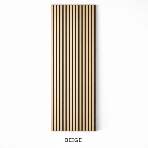 close-up of beige PVC acoustic slat panel showing waterproof finish