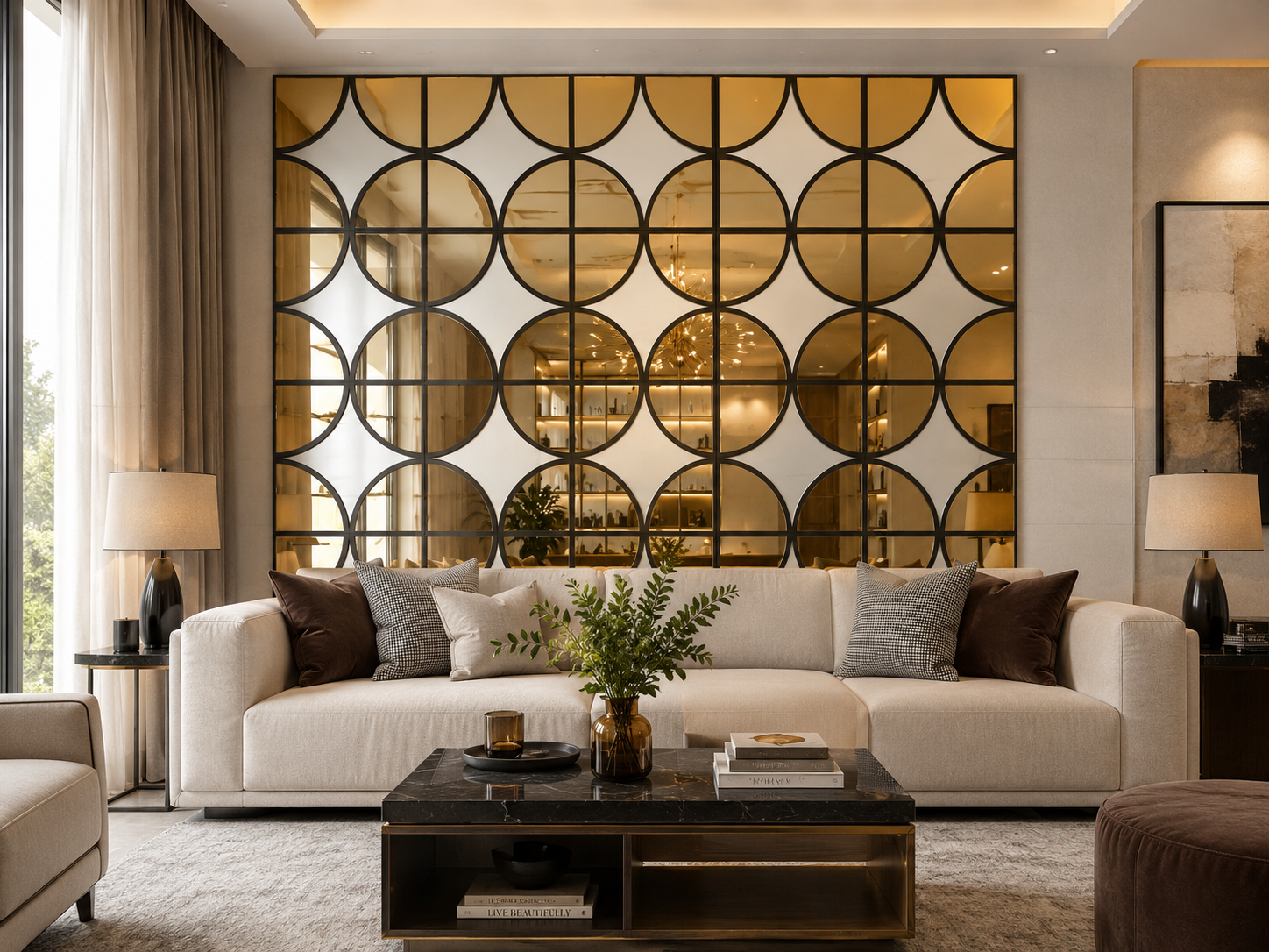 silver and gold mirror decorative wall panel on a UK feature wall